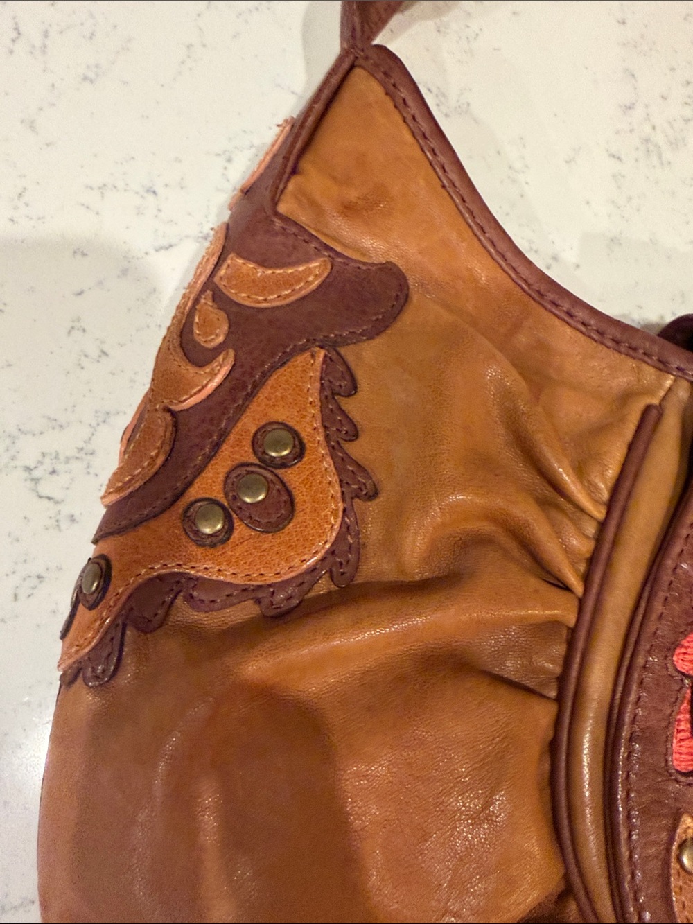 Y2K Colorful Western Brown Leather Shoulder Bag with Multicolor and Stud Flap - Picture 9 of 16